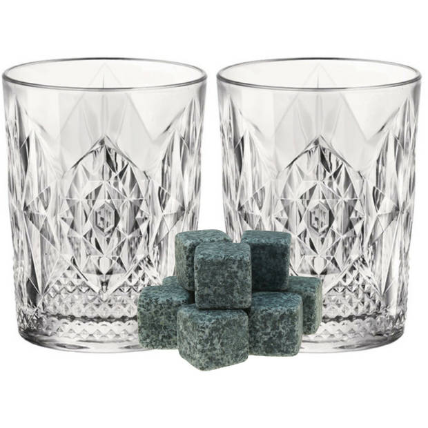 Luxe whiskyglazen set 6x stuks 390 ml met 9x whisky ijsblokstenen - Whiskeyglazen