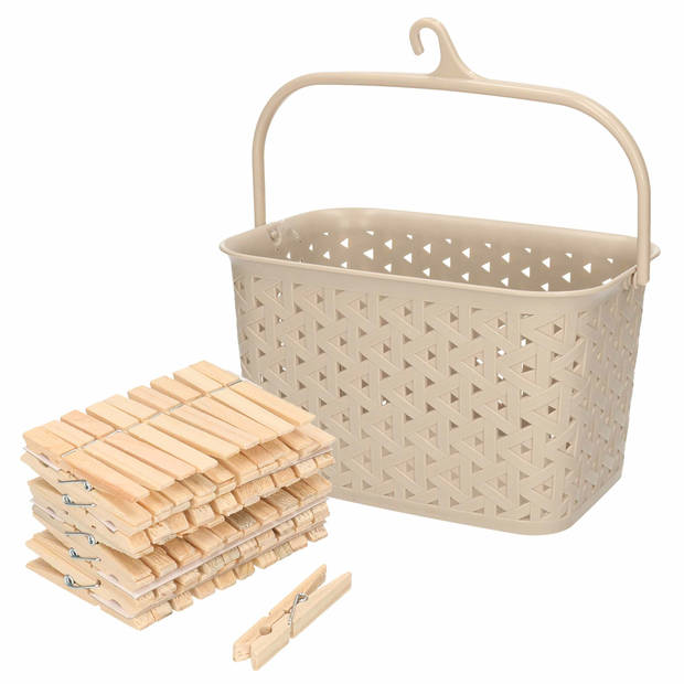 Wasknijpers mandje met ophanghaak - beige - gevuld met 100x houten wasknijpers van 7 cm - knijperszakken