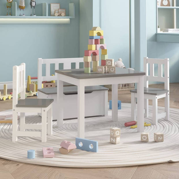 The Living Store Kindermeubelset Wit/Grijs - Tafel 60x50x48 cm - Stoel 25x25x55 cm - Bankje 60x30x55 cm