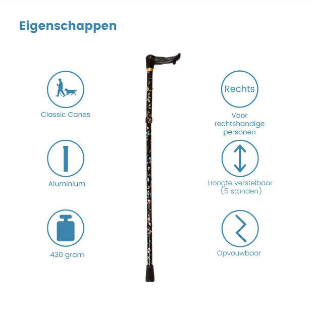 Classic Canes Opvouwbare wandelstok - Zwart - Bloemen - Rechtshandig - Ergonomisch handvat - Lengte 80 - 90 cm