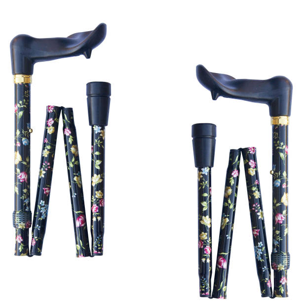 Classic Canes Opvouwbare wandelstok - Zwart - Bloemen - Linkshandig - Ergonomisch handvat - Lengte 80 - 90 cm