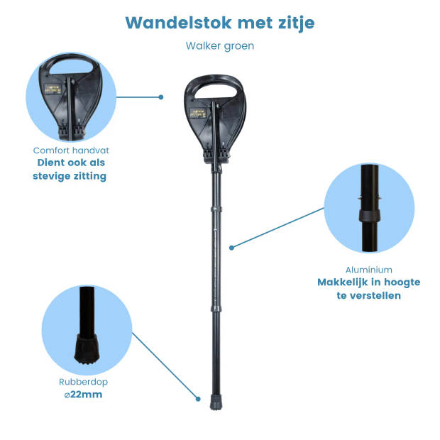 Classic Canes Wandelstok met zitje - Observer Supaseat - Zwart - Zithoogte 65 - 82 cm - Loop hoogte 84 - 102 cm