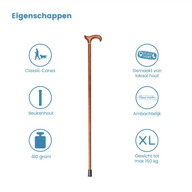 Classic Canes Houten wandelstok - Hercules - Bruin - Beukenhout - XL wandelstok - Derby Handvat - Lengte 109 cm