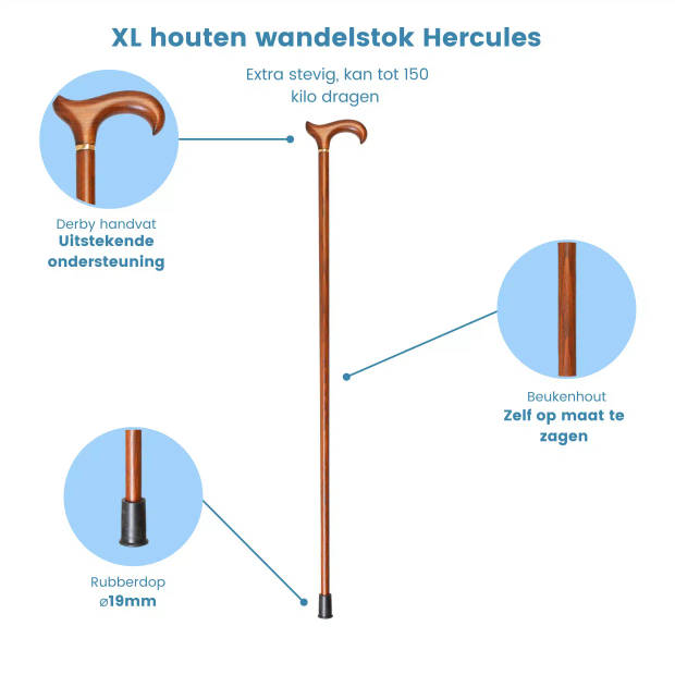Classic Canes Houten wandelstok - Hercules - Bruin - Beukenhout - XL wandelstok - Derby Handvat - Lengte 109 cm