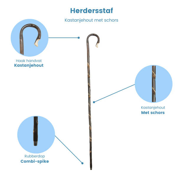 Classic Canes Herdersstaf - Bruin - Kastanjehout - Geschroeid - Dubbele spiraal - Lengte 135 cm - Pelgrimsstaf