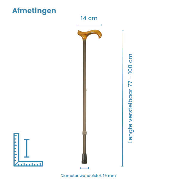 Classic Canes Verstelbare wandelstok - Bruin - Aluminium - XL wandelstok - Essenhout Derby handvat - Lengte 77 - 100 cm