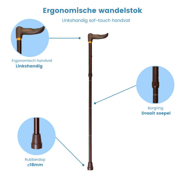 Gastrock Opvouwbare wandelstok - Brons - Linkshandig - Ergonomisch handvat - Soft-Touch - Aluminium - Lengte 88 - 98 cm