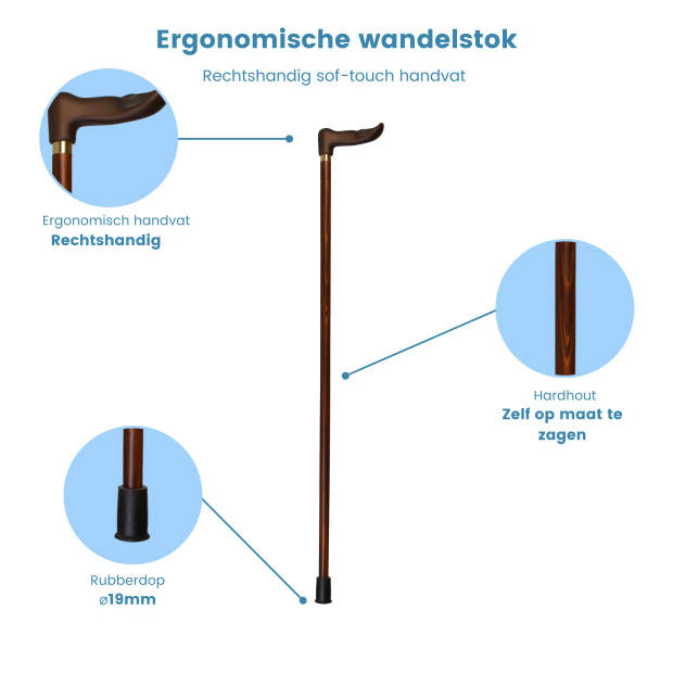 Classic Canes Houten wandelstok - Bruin - Hardhout - Linkshandig - Soft-touch Ergonomisch handvat - Lengte 92 cm