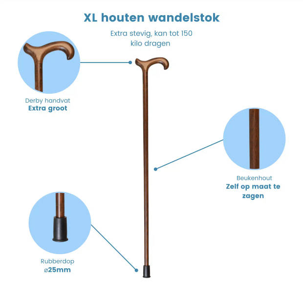 Classic Canes Houten wandelstok - Jumbo - Bruin - Beukenhout - XL wandelstok - Derby Handvat - Lengte 113 cm
