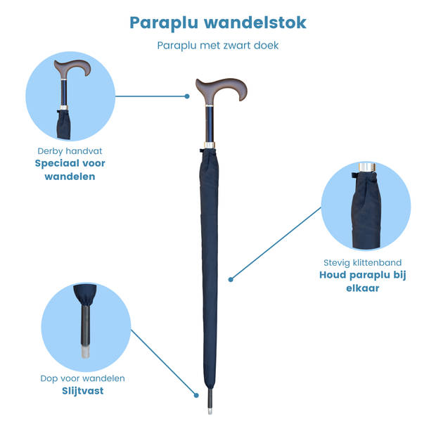 Classic Canes Wandelstok paraplu - Zwart - Derby handvat - Met soft-touch coating - Verstelbaar - Lengte 92 cm