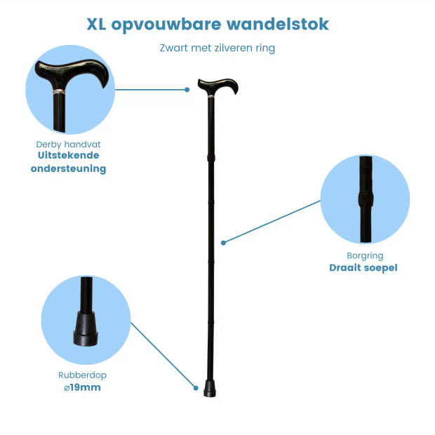 Classic Canes Opvouwbare wandelstok - Zwart - Aluminium - XL wandelstok - Derby handvat - Lengte 90 - 100 cm