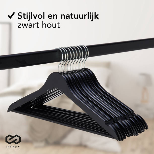 Infinity Goods 30 Houten Kledinghangers Zwart - Kleerhanger - Inkeping en Broeklat - Metalen Haak - Volwassenen - 30