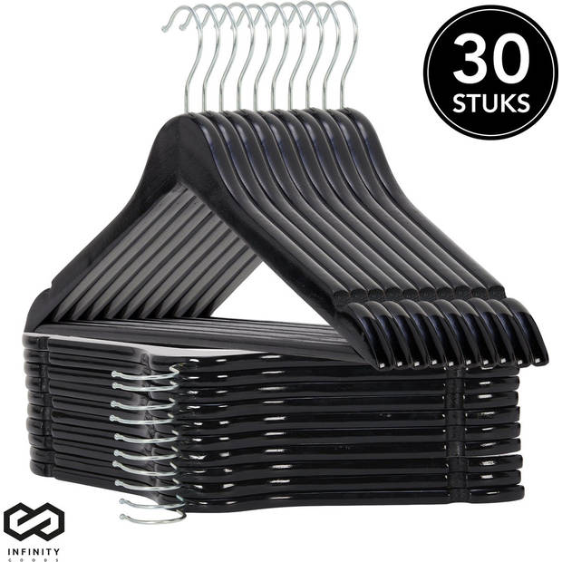 Infinity Goods 30 Houten Kledinghangers Zwart - Kleerhanger - Inkeping en Broeklat - Metalen Haak - Volwassenen - 30