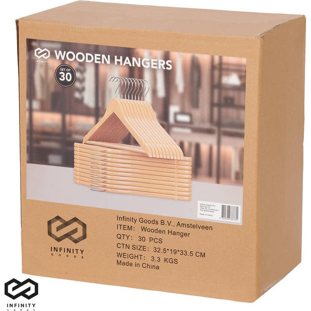 Infinity Goods 30 Houten Kledinghangers - Kleerhanger - Inkeping en Broeklat - Metalen Haak - Volwassenen - Bruin