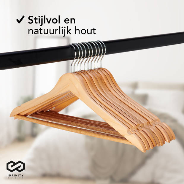 Infinity Goods 30 Houten Kledinghangers - Kleerhanger - Inkeping en Broeklat - Metalen Haak - Volwassenen - Bruin