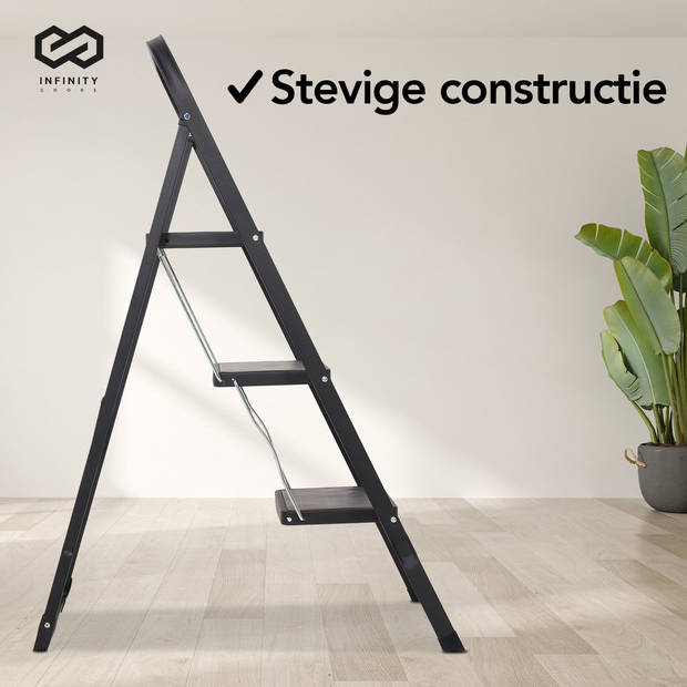 Infinity Goods Stevige Huishoudtrap 3 Treden - Keukentrap Inklapbaar - Anti-Slip - Trap Ladder - Opvouwbaar - Metaal -