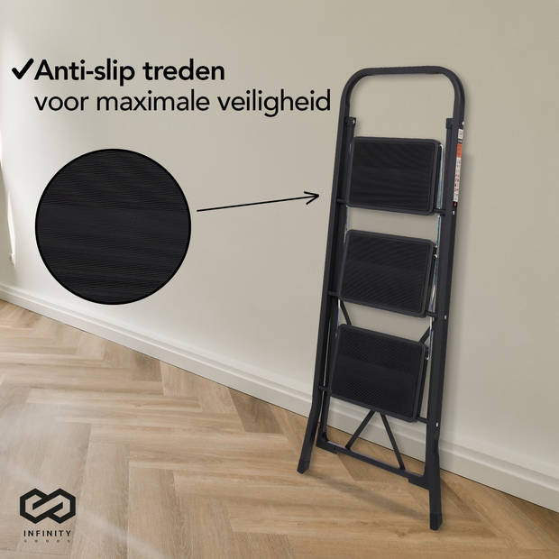 Infinity Goods Stevige Huishoudtrap 3 Treden - Keukentrap Inklapbaar - Anti-Slip - Trap Ladder - Opvouwbaar - Metaal -