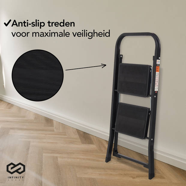 Infinity Goods Stevige Huishoudtrap 2 Treden - Keukentrap Inklapbaar - Anti-Slip - Trap Ladder - Opvouwbaar - Metaal -