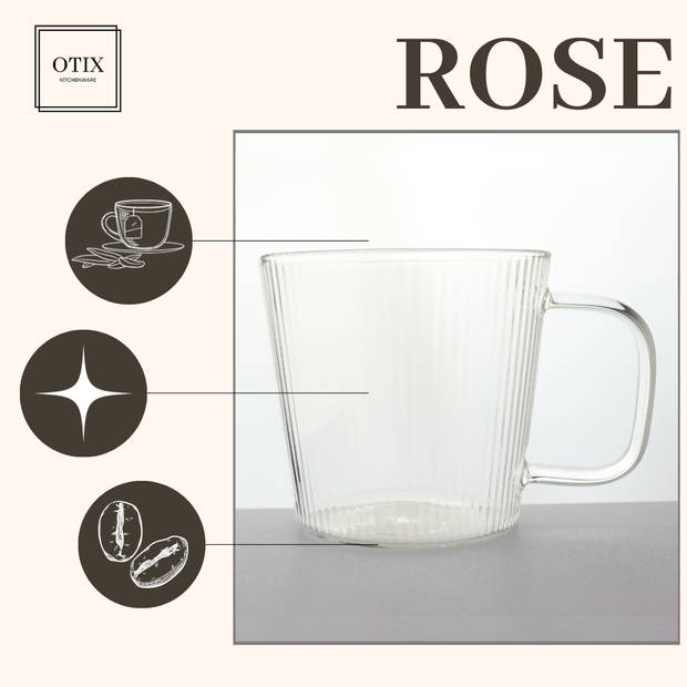 OTIX Theeglazen met Oor - Koffiekopjes - Koffietassen - Glazen met Ribbel - Reliëf - Set van 12 - 300ml - Glas - ROSE