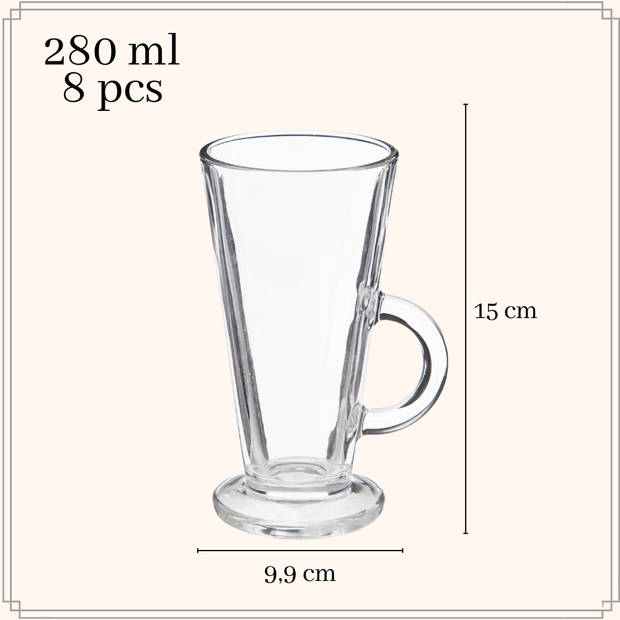 OTIX Latte Macchiato Glazen - 280 ml - 8 Stuks met Oor - Cappuchino - Theeglazen met oor