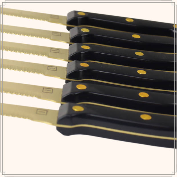 OTIX Steakmessen - Set van 6 Stuks - Vleesmessen - Goud - Zwart - Vaatwasserbestendig - Steakmessenset - RVS