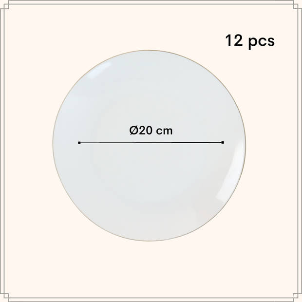 OTIX Ontbijtborden Dessert Gebaksbordjes Borden Set van 12 Stuks 20cm Wit met Gouden rand Porselein CROCUS