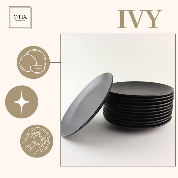 OTIX Bordenset - Dinerbord - Borden - Plat - Set van 12 - Mat zwart - Diameter 27cm - Aardewerk - IVY - Servies