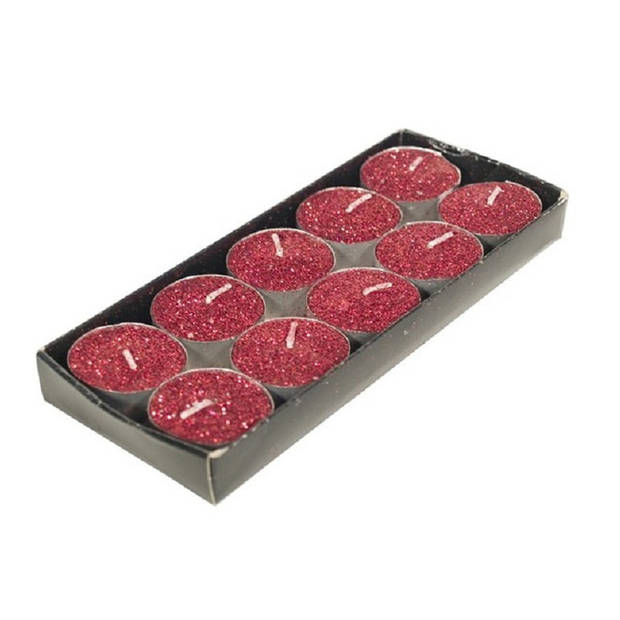 Gerim waxinelichtjes kaarsjes- 10x - rood glitters 3,5 cm - Waxinelichtjes