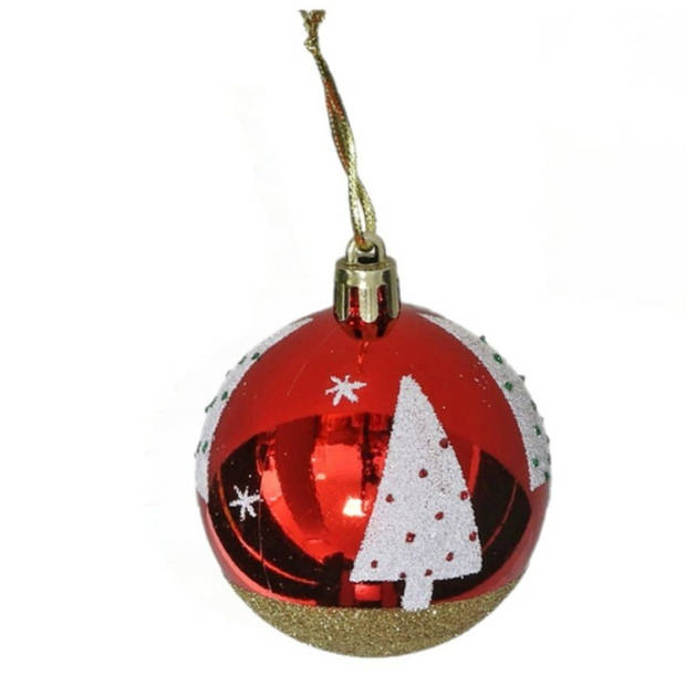 Kerstballen gedecoreerd - 12x - 6 cm - kunststof -rood met kerstboom - Kerstbal