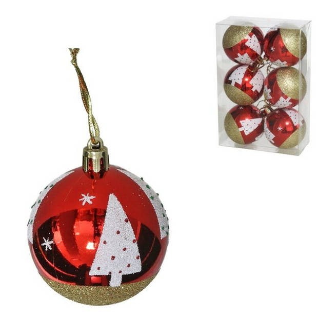 Kerstballen gedecoreerd - 12x - 6 cm - kunststof -rood met kerstboom - Kerstbal