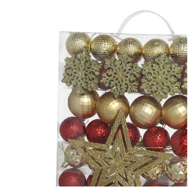 Gerimimport Kerstballen set - met ster piek 57-delig - kunststof - rood/goud - Kerstbal