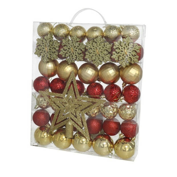 Gerimimport Kerstballen set - met ster piek 57-delig - kunststof - rood/goud - Kerstbal