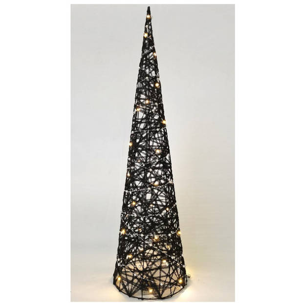 Gerimport Verlicht kerstfiguur - kegel/piramide kerstboom - zwart - rotan - H80 cm - kerstverlichting figuur