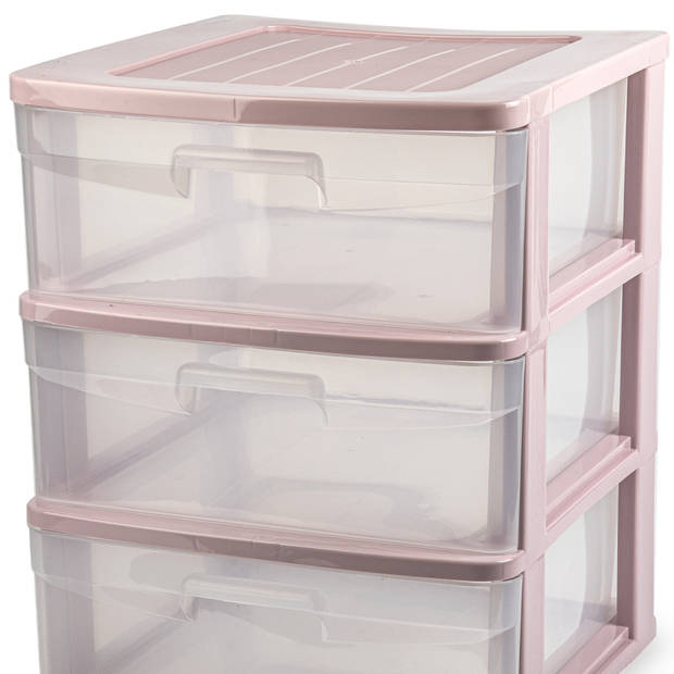 Plasticforte Ladeblokje/bureau organizer 3x lades - transparant/rozeA - L39 x B40 x H49 cm - Ladeblok