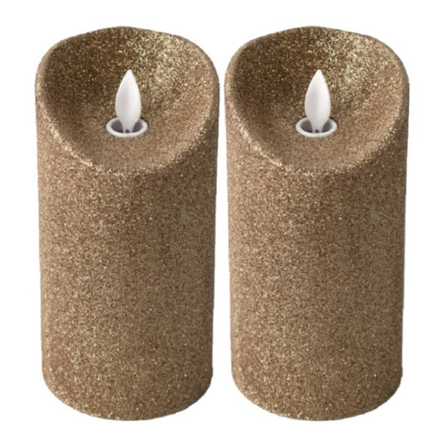 Gouden glitter kaars - 2x - met led verlichting 15 cm - LED kaarsen