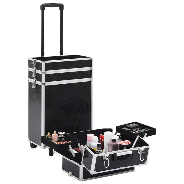 The Living Store Make-up Trolley - Houten Beautycase 37x22x78cm - Zwart Krokodillenpatroon