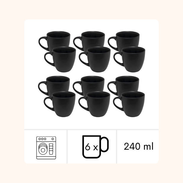 OTIX Koffiekopjes - Koffiemokken - Set van 12 - Koffietassen - Zwart - Mat - 240ml