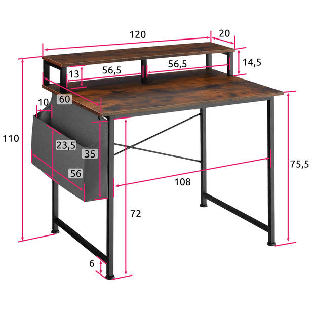 tectake - Bureau met plank en organizer industrieel donkerbruin 120 cm 404664