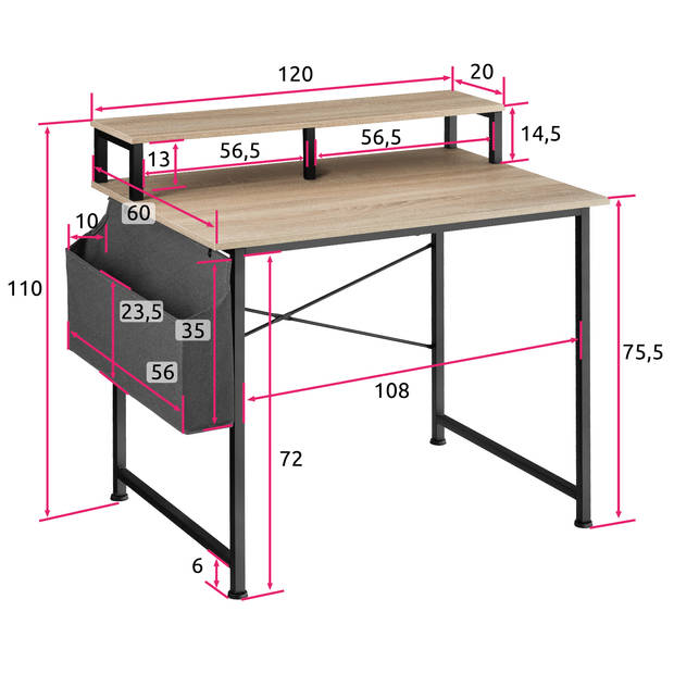 tectake - Bureau met plank en organizer industrieel lichtbruin 120 cm 404665