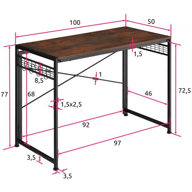 tectake - Bureau Paterson inklapbaar 102x51x77cm industrieel donkerbruin 404660