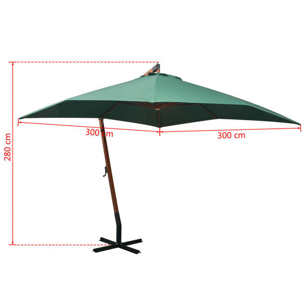 The Living Store Hangende Parasol - Groen - 300x300 cm - Houten Paal - 8 Bamboe Baleinen