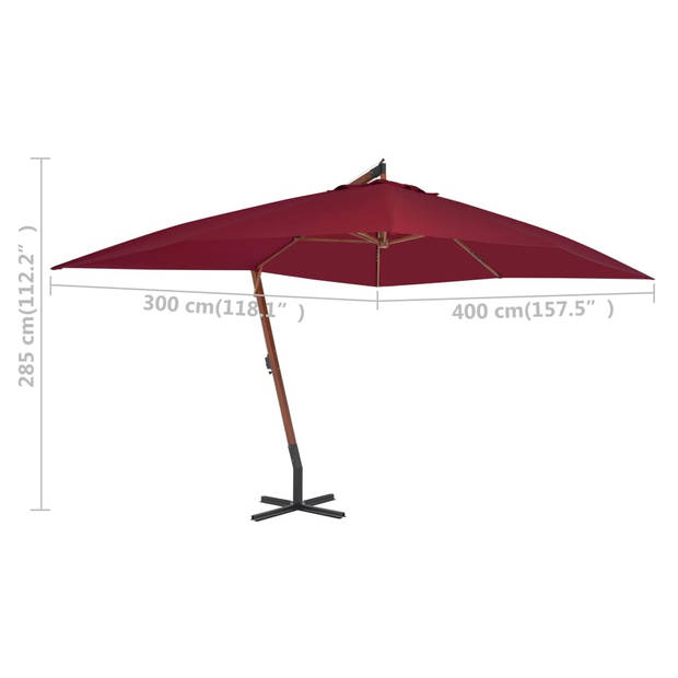 The Living Store Hangende Houten Parasol - Bordeauxrood - 400x300x285 cm - UV-beschermend polyester - Stevige kruisvoet