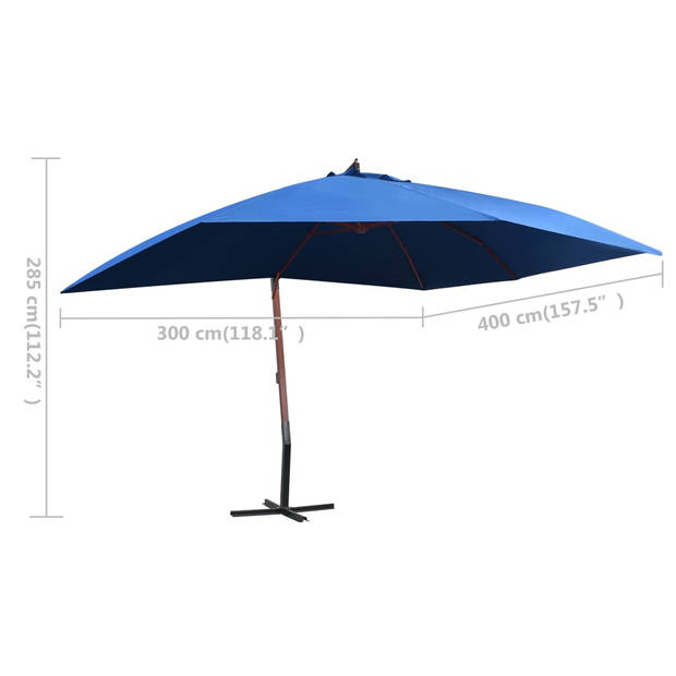 vidaXL Zweefparasol met houten paal 400x300 cm blauw