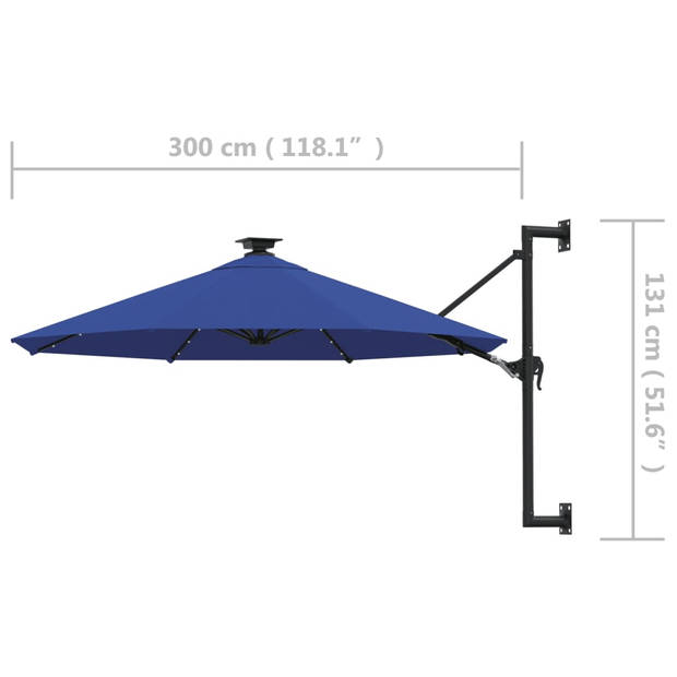 vidaXL Wandparasol met LED's 300 cm blauw