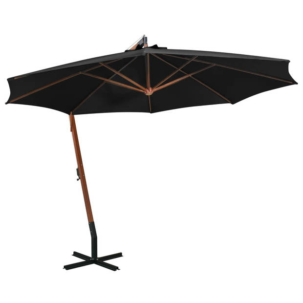 The Living Store Zweefparasol Hout - 350 cm - Zwart - UV-bestendig polyester - vurenhouten paal - bamboe baleinen