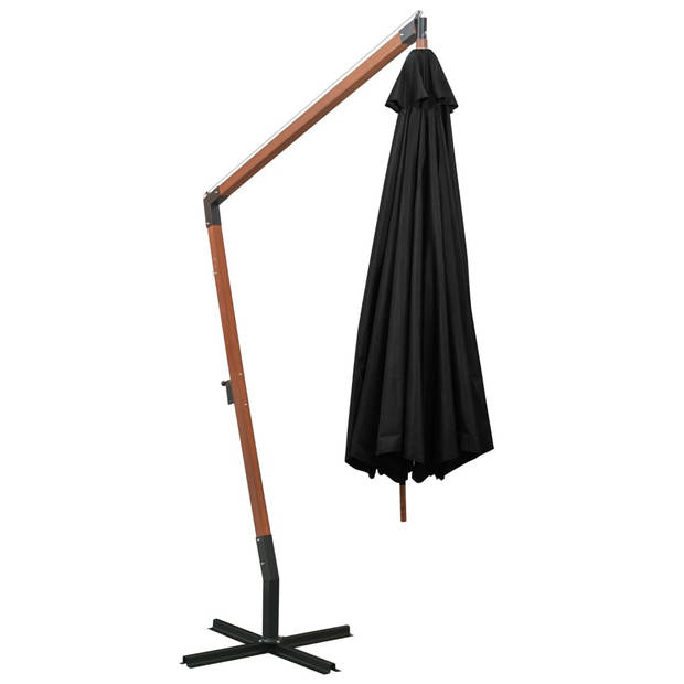 The Living Store Zweefparasol Hout - 350 cm - Zwart - UV-bestendig polyester - vurenhouten paal - bamboe baleinen