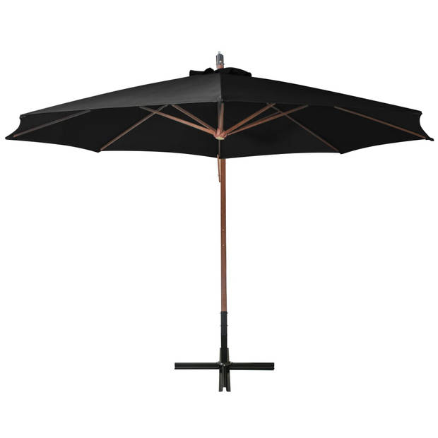 The Living Store Zweefparasol Hout - 350 cm - Zwart - UV-bestendig polyester - vurenhouten paal - bamboe baleinen