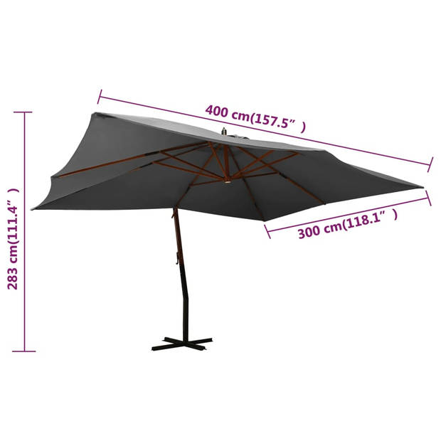 vidaXL Zweefparasol met houten paal 400x300 cm antracietkleurig