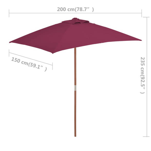 vidaXL Parasol met houten paal 150x200 cm bordeauxrood