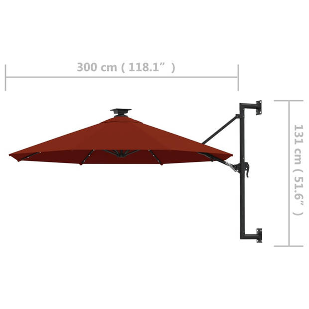 vidaXL Wandparasol met LED's en metalen paal 300 cm terracottakleurig